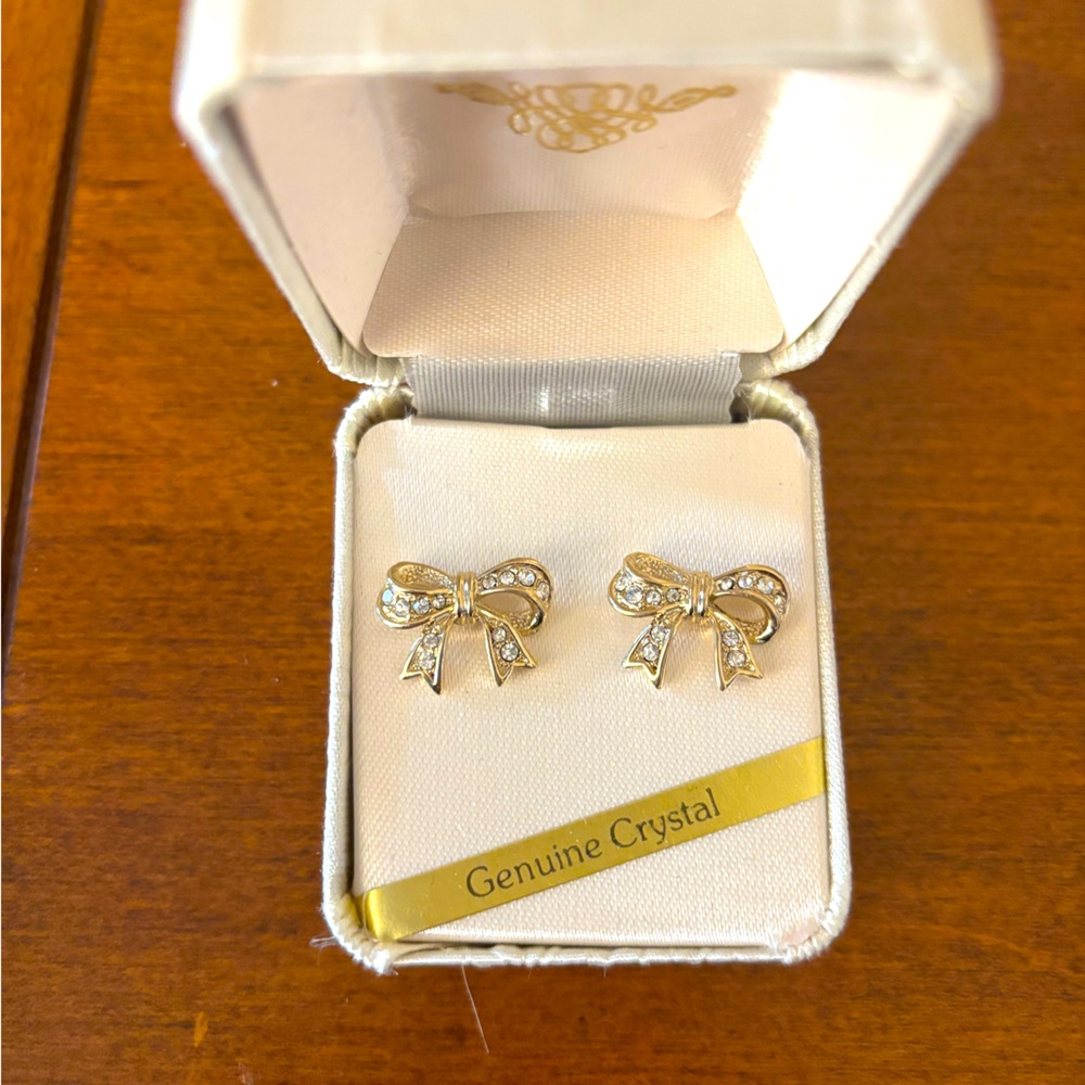 Gold Bow Earrings with Genuine Crystal